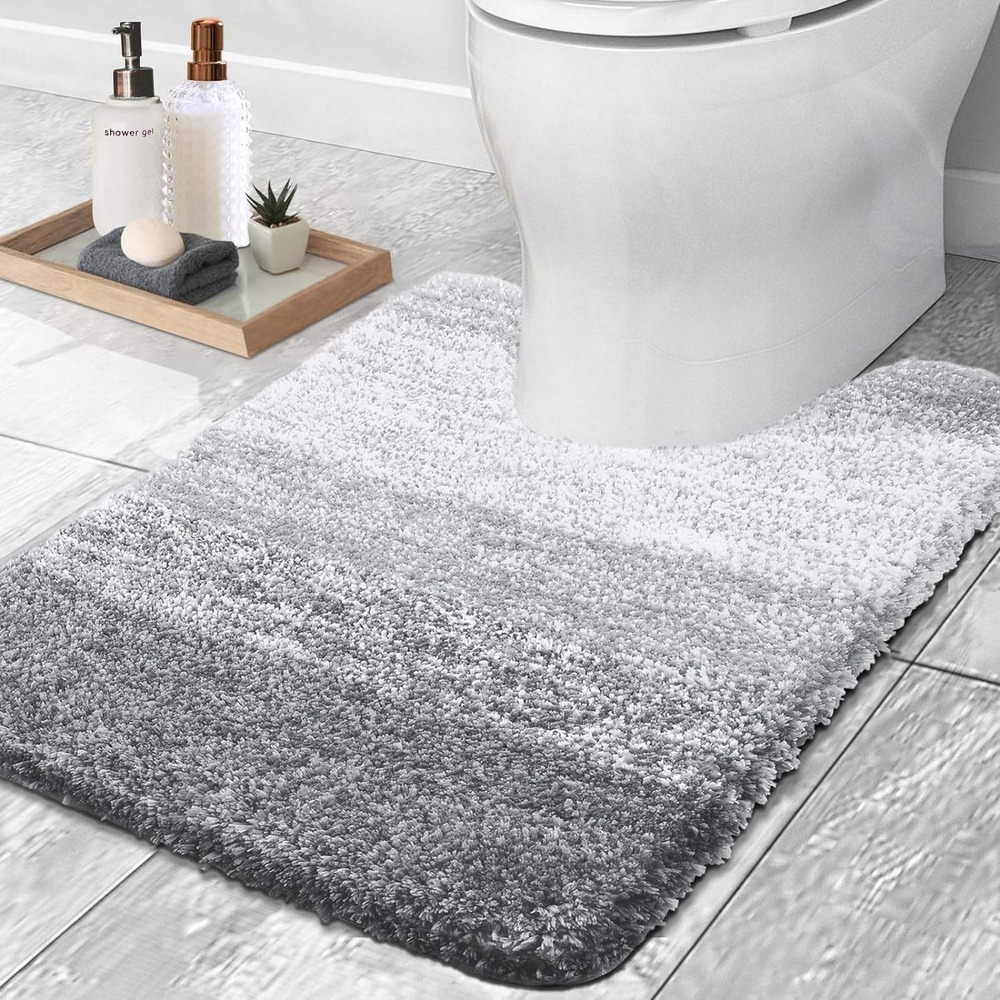 Plush U Shaped Toilet Mat Bath Rug Soft Shaggy Gray Ombre Absorbent Bath Mat